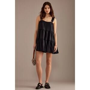 Anthropologie Sancia Azealia Linen Babydoll Black Linen Smock Mini Dress New S